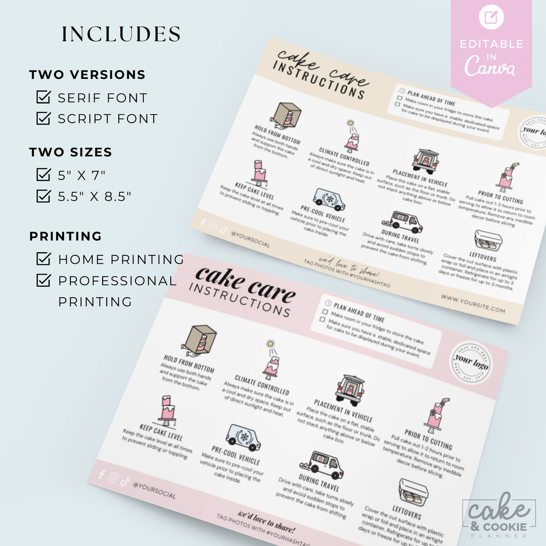 Editable Cake Care Card Tempalte (Customize in Canva!)