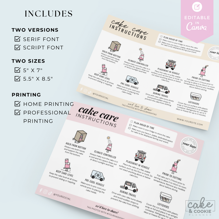 Editable Cake Care Card Tempalte (Customize in Canva!)