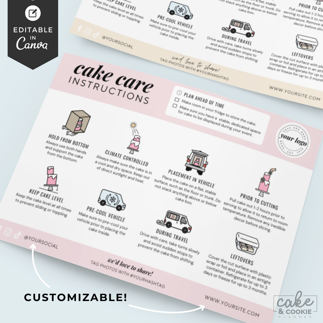Editable Cake Care Card Tempalte (Customize in Canva!)