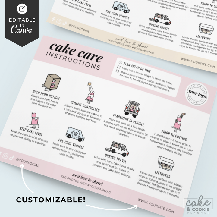 Editable Cake Care Card Tempalte (Customize in Canva!)