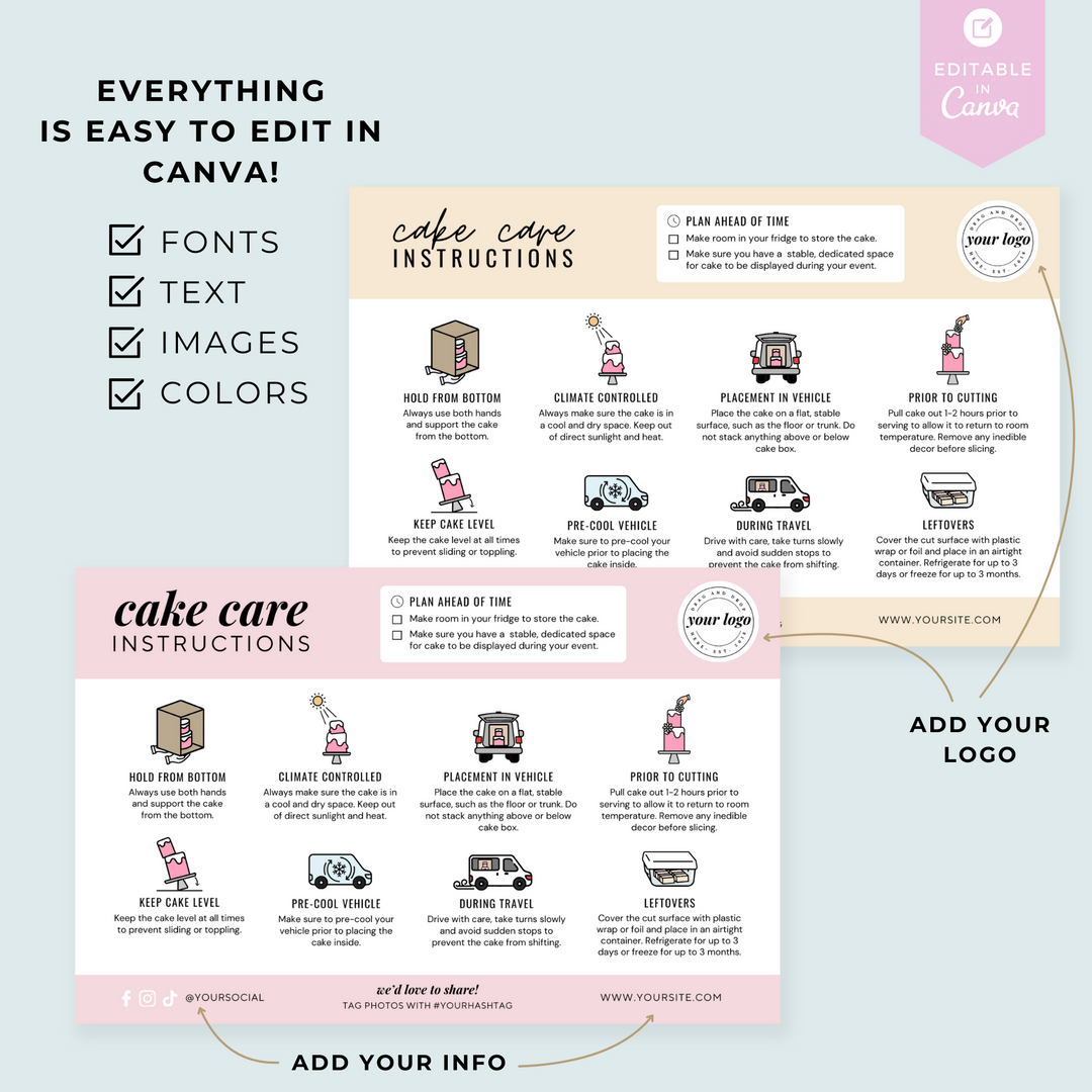 Editable Cake Care Card Tempalte (Customize in Canva!)