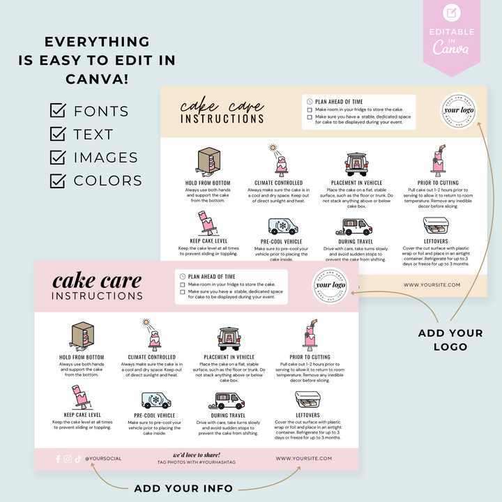 Editable Cake Care Card Tempalte (Customize in Canva!)