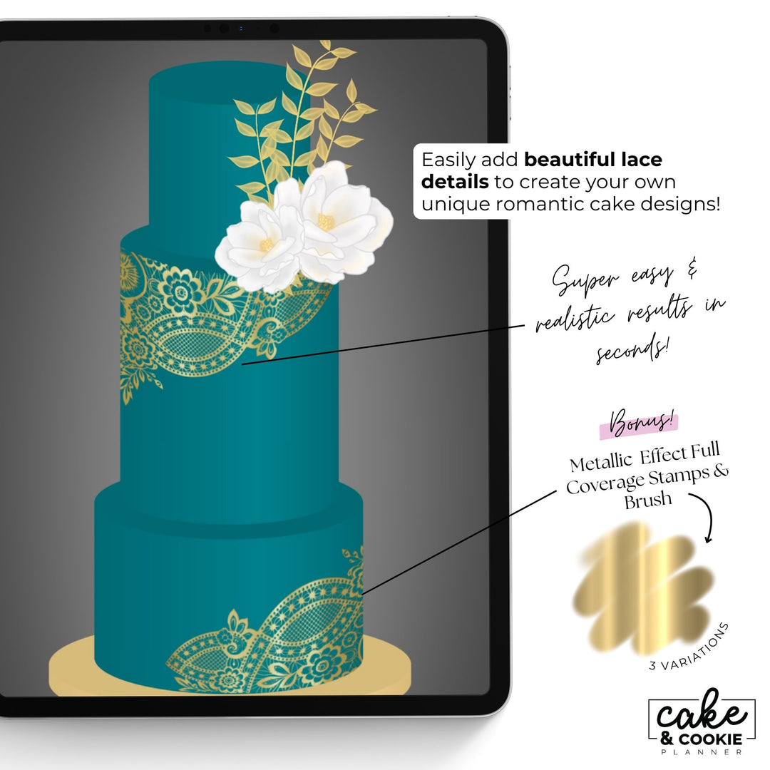 Romantic Lace Cake Stencils & Mat Procreate Stamps Pack - Digital Cake Sketching