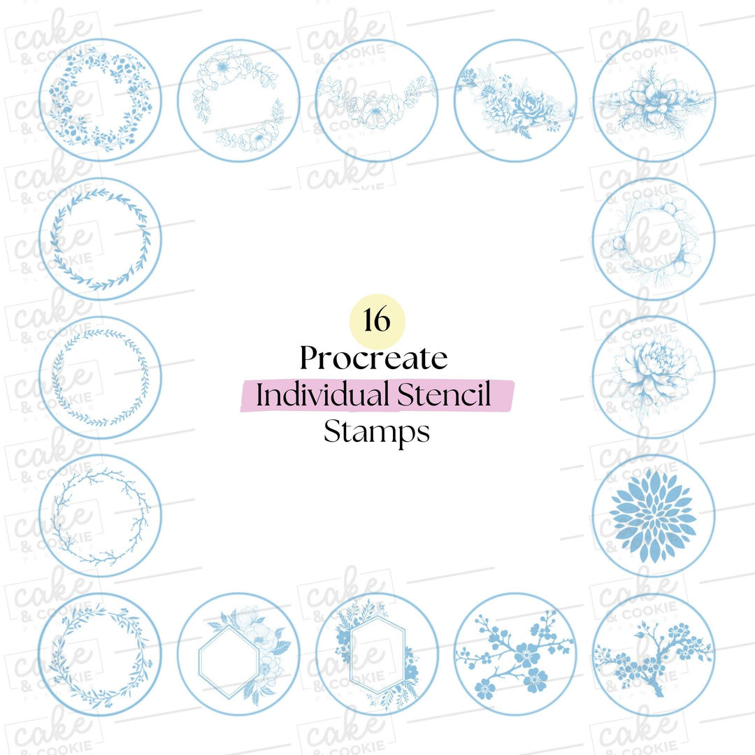 Floral Cake Stencils Procreate Stamps Pack - Digital Cake Sketching