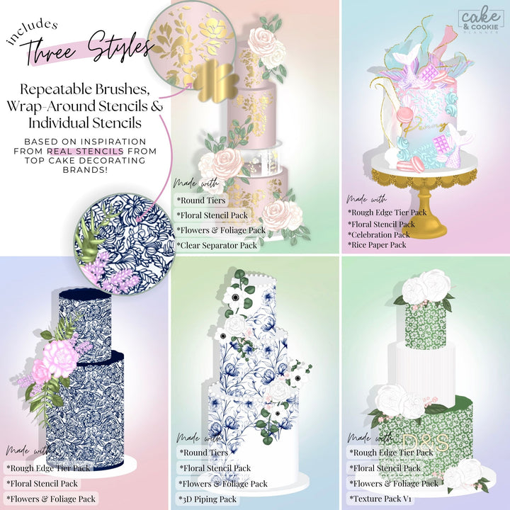 Floral Cake Stencils Procreate Stamps Pack - Digital Cake Sketching