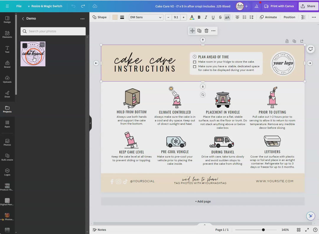 Editable Cake Care Card Tempalte (Customize in Canva!)