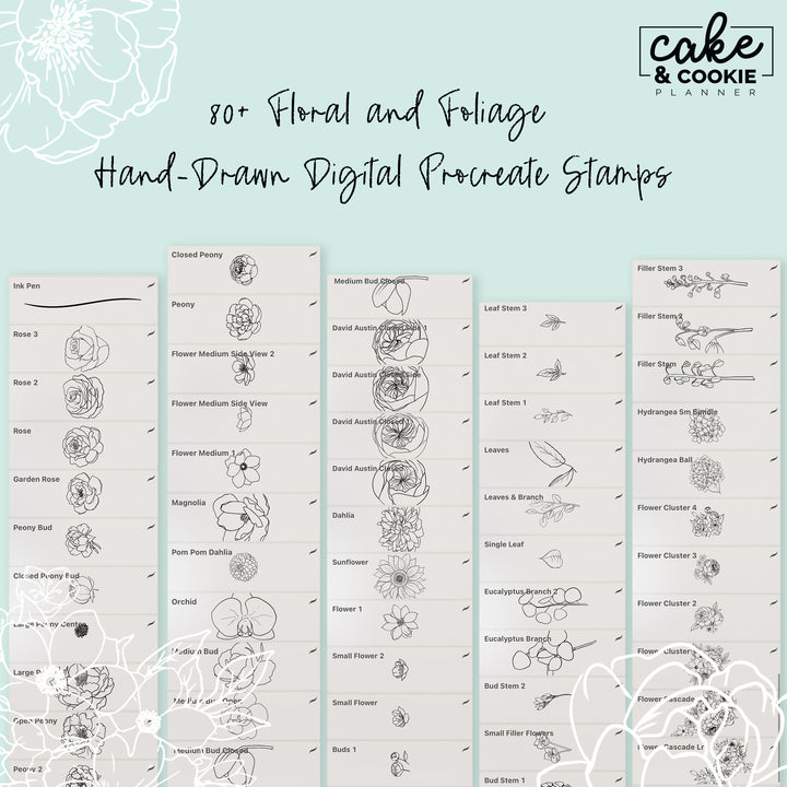 Flowers & Foliage Essentials Procreate Pack - Digital Cake Sketching