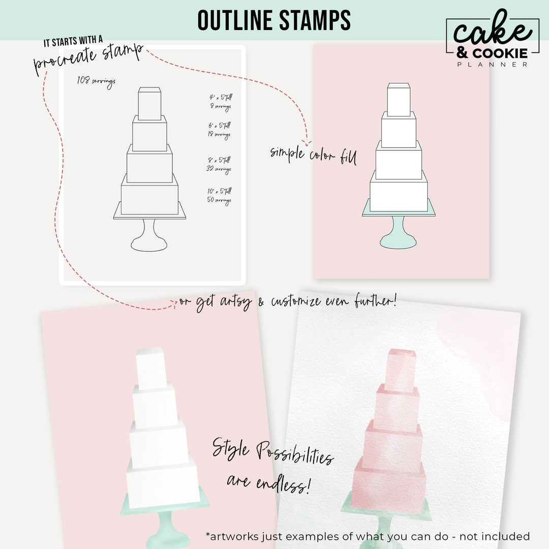 Tiers - Square Cakes Procreate Pack - Digital Cake Sketching